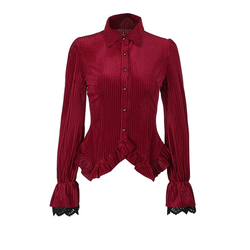 Kobine Women's Gothic Ruffled Ribbed Velvet Long Sleeved Shirt Red
