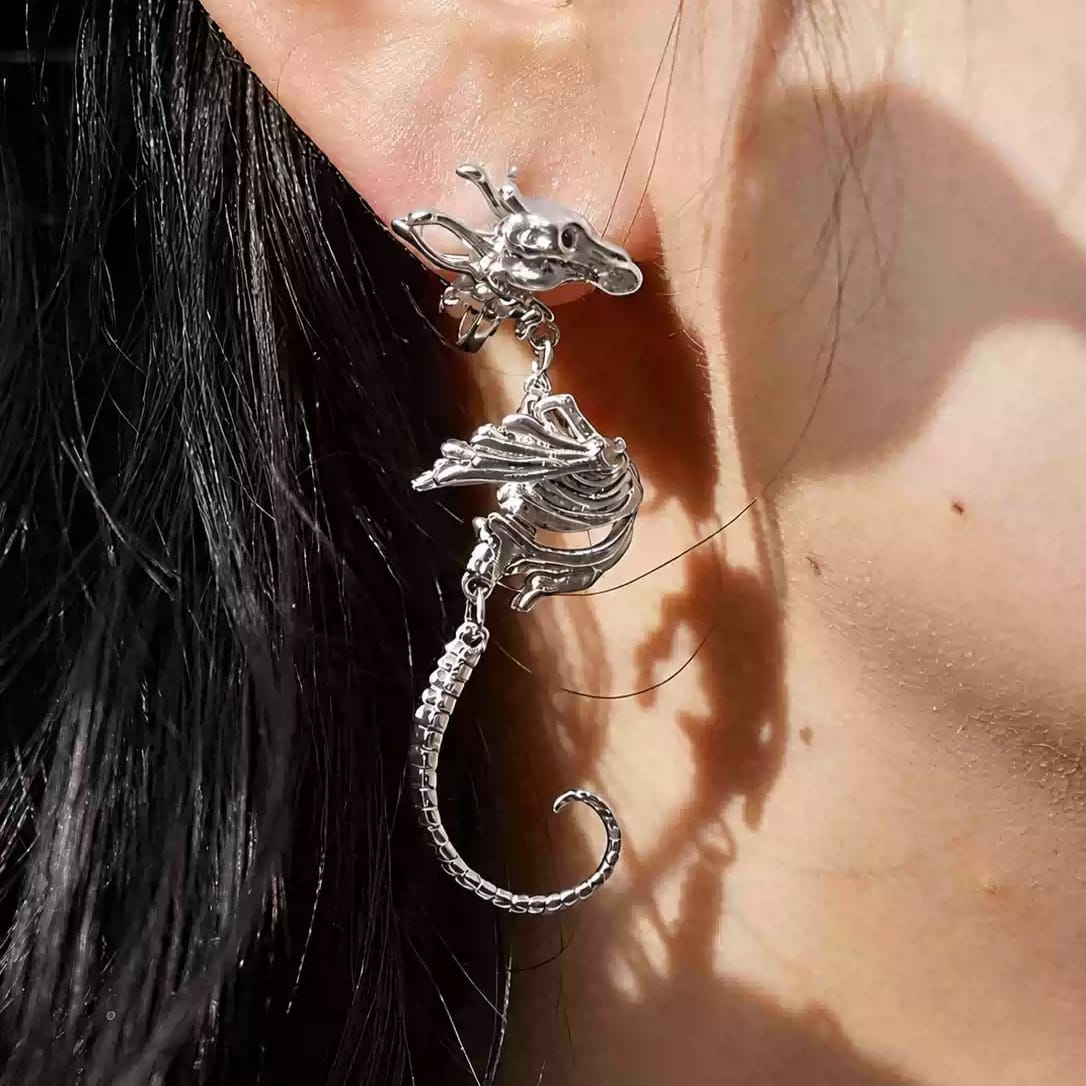 Kobine Women's Gothic Seahorse Skeleton Drop Post Earrings Silver