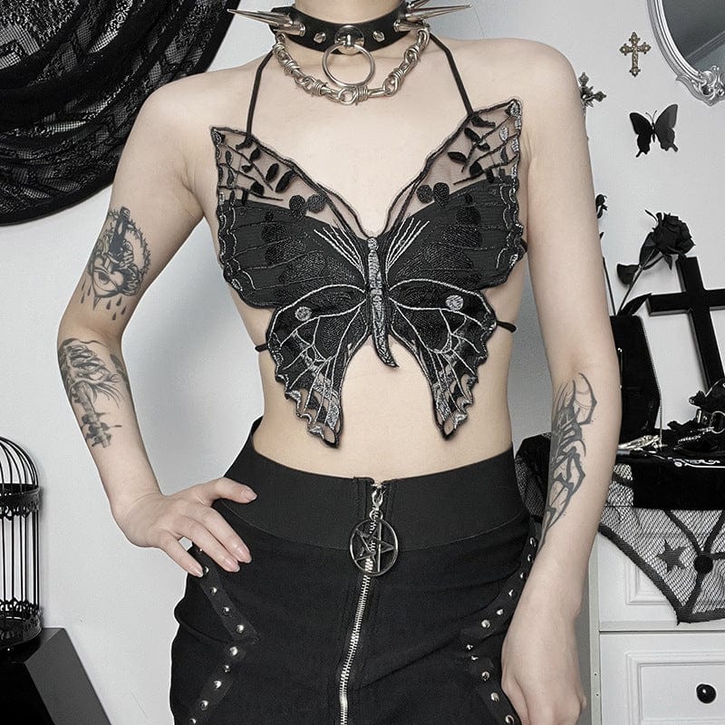 Kobine Women's Gothic Strappy Butterfly Embroidered Bustier