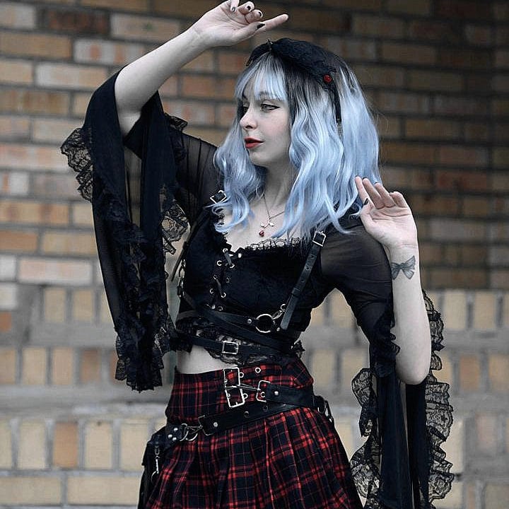 Kobine Women's Gothic Strappy Flared Sleeved Lace Shirt