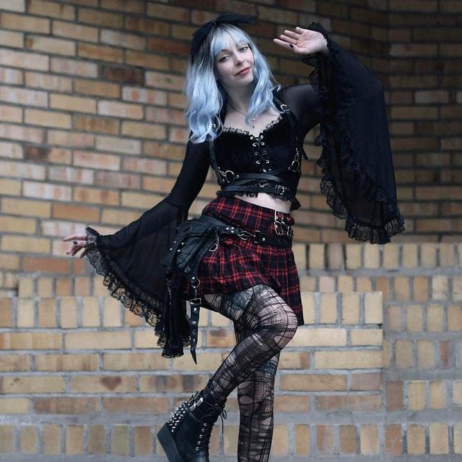 Kobine Women's Gothic Strappy Flared Sleeved Lace Shirt