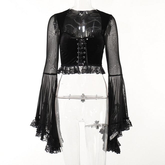 Kobine Women's Gothic Strappy Flared Sleeved Lace Shirt