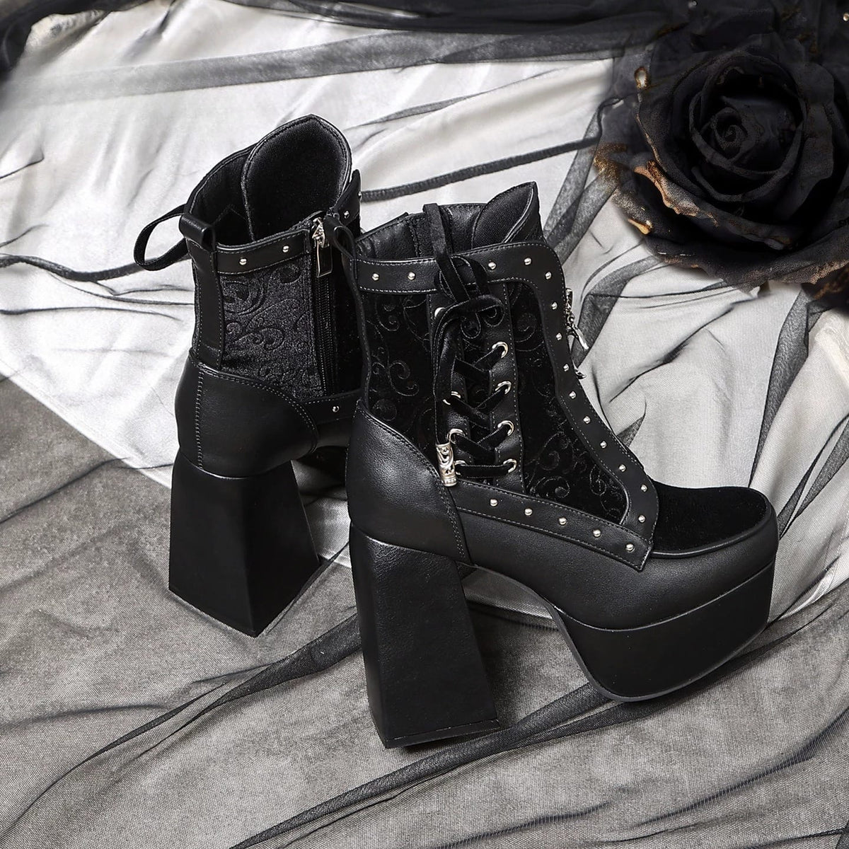 Kobine Women's Gothic Studded Lace-up Zipper Platform Ankle Boots