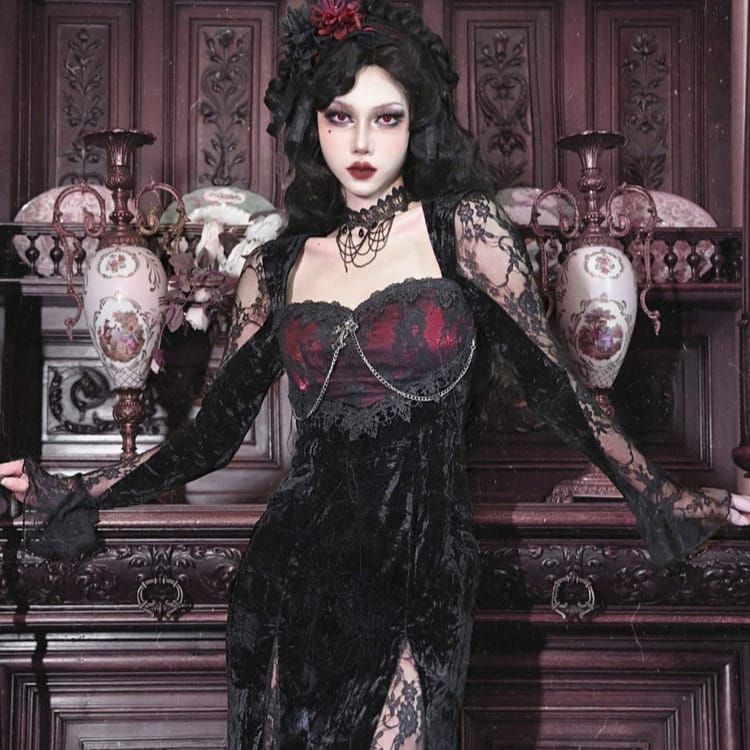 Women's Gothic Velvet Cross Chain Flare Sleeve Mermaid Maxi Dress - Punk Design