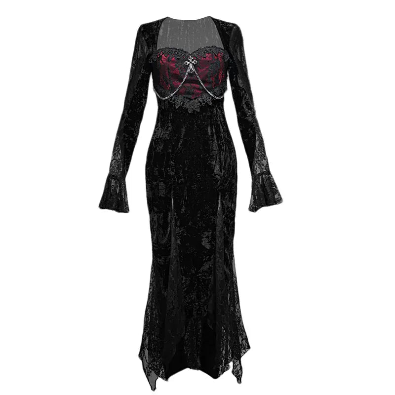 Women's Gothic Velvet Cross Chain Flare Sleeve Mermaid Maxi Dress - Punk Design