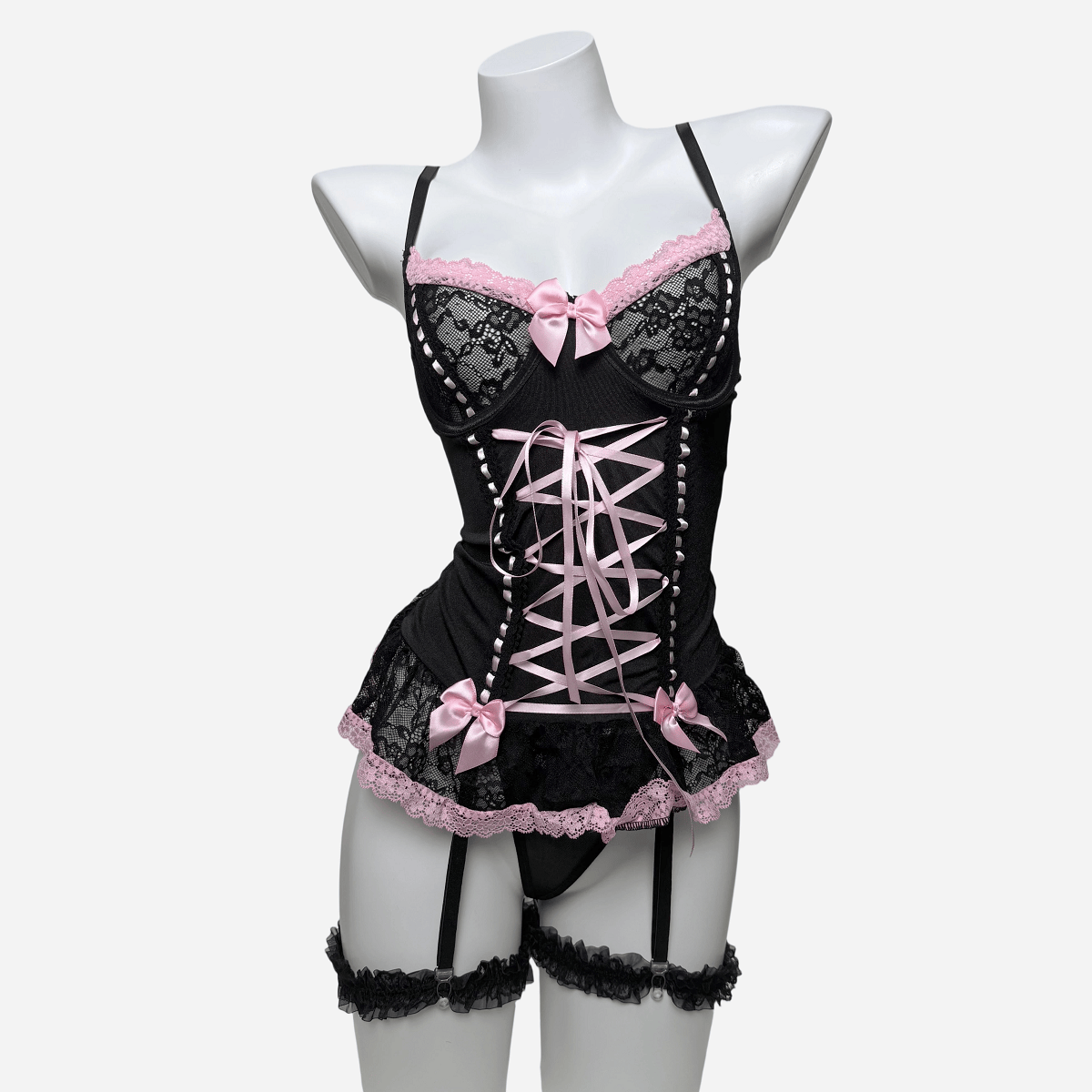 Kobine Women's Grunge Bowknot Lace-up Sexy Lingerie Set with Garter