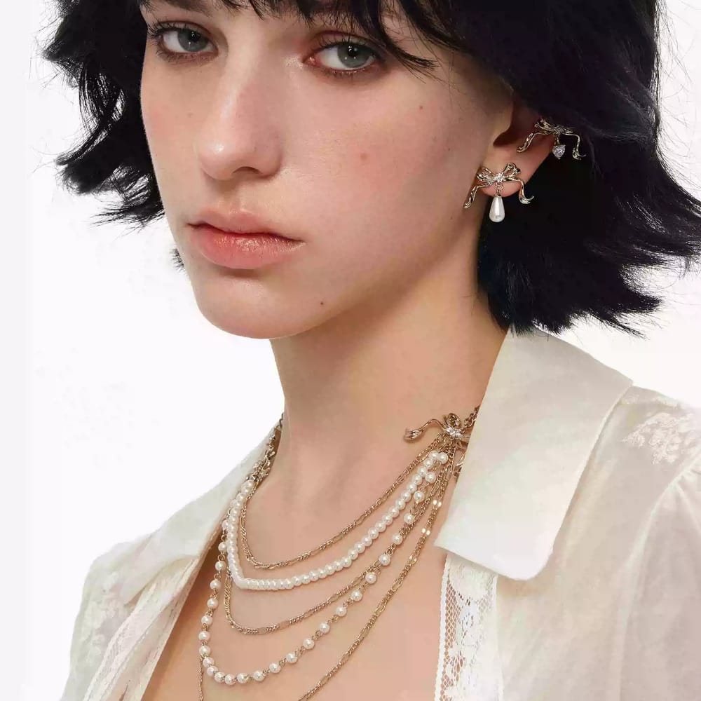 Kobine Women's Grunge Bowknot Pearl Layered Necklace