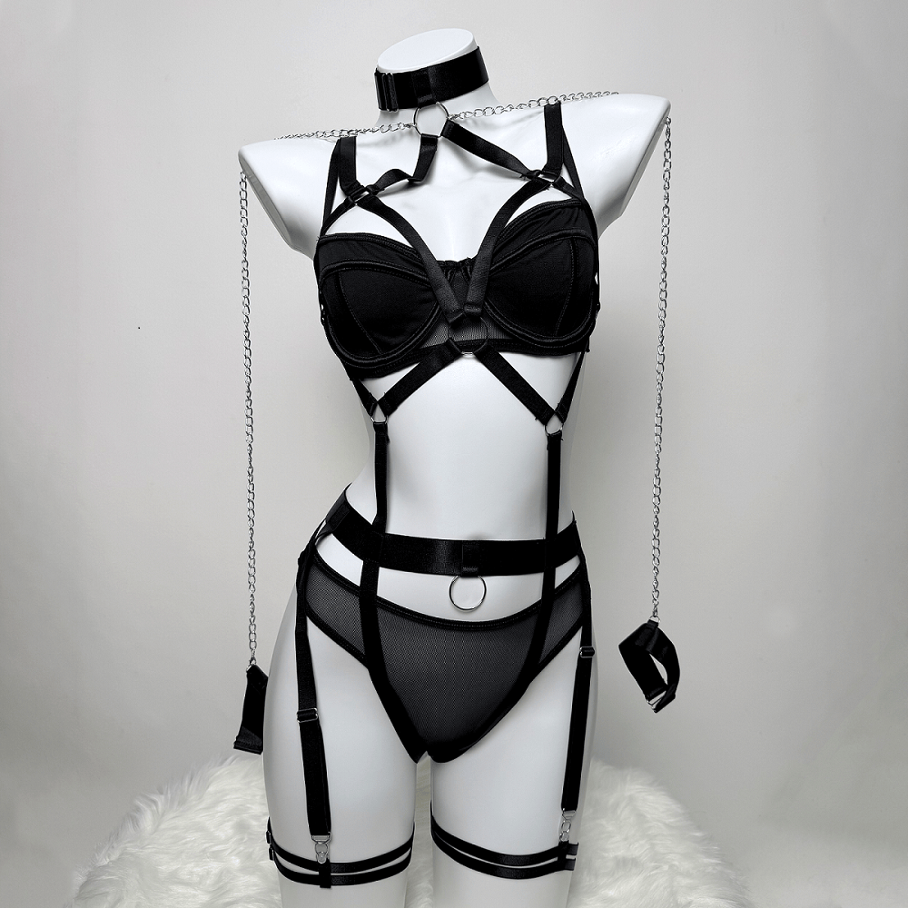 Kobine Women's Grunge Chain Ring Linked Choker Sexy Harness Lingerie Set