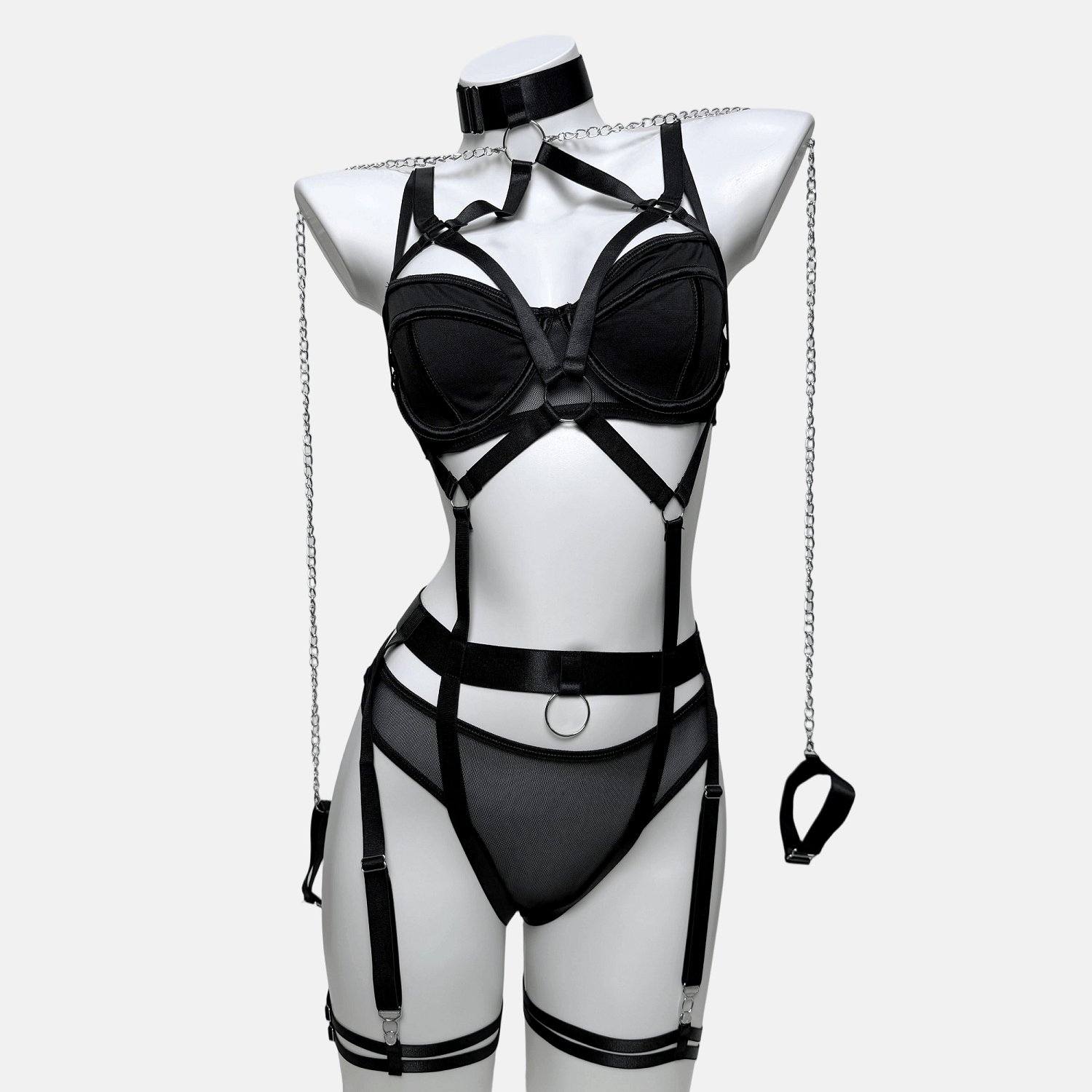 Kobine Women's Grunge Chain Ring Linked Choker Sexy Harness Lingerie Set
