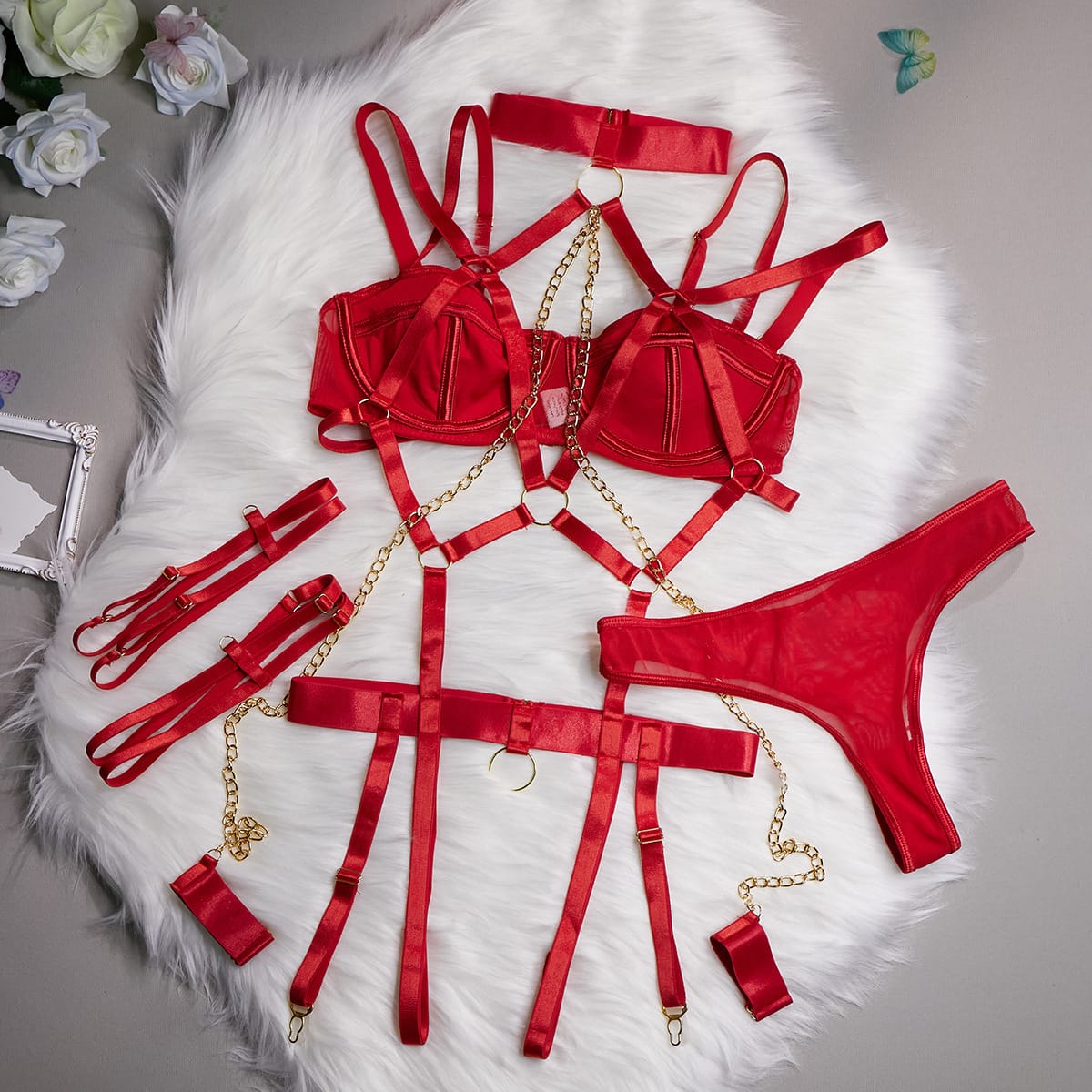 Kobine Women's Grunge Chain Ring Linked Choker Sexy Harness Lingerie Set