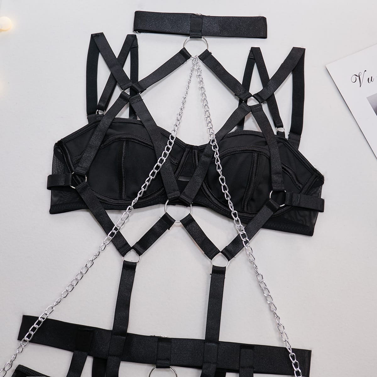 Kobine Women's Grunge Chain Ring Linked Choker Sexy Harness Lingerie Set