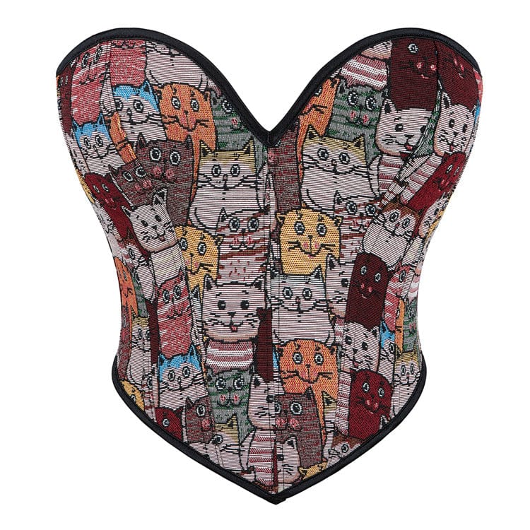 Kobine Women's Grunge Colourful Cat Embroidered Overbust Corset