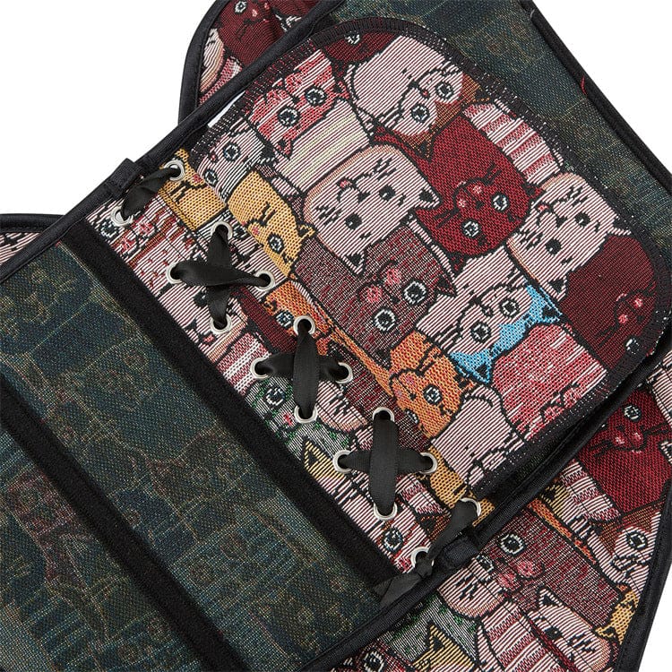 Kobine Women's Grunge Colourful Cat Embroidered Overbust Corset