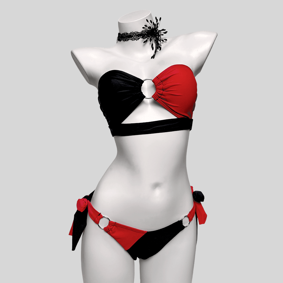 Kobine Women's Grunge Contrast Color Ring Tie Side Bikini Set