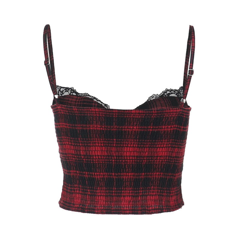 Kobine Women's Grunge Cross Lace Hem Plaid Bustier