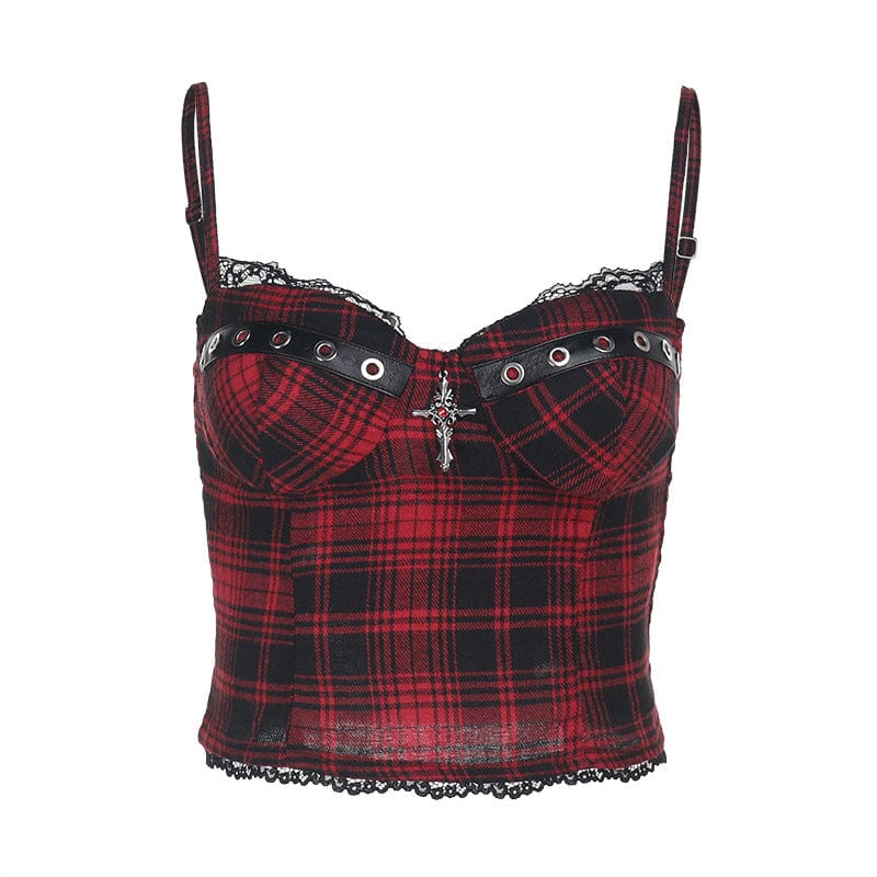 Kobine Women's Grunge Cross Lace Hem Plaid Bustier