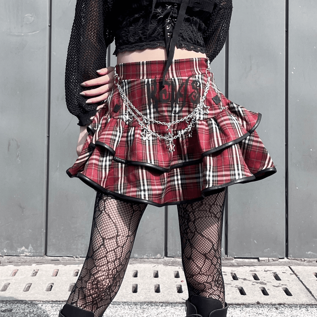 Kobine Women's Grunge Double-layer Red Plaid Skirt with Chain