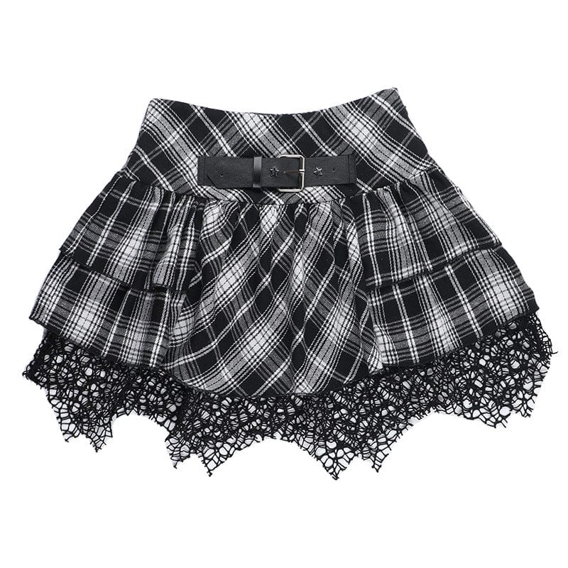 Kobine Women's Grunge High-waisted Mesh Splice Plaid Skirt