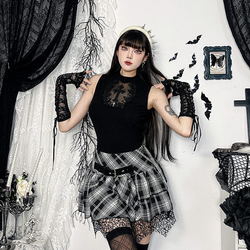 Kobine Women's Grunge High-waisted Mesh Splice Plaid Skirt