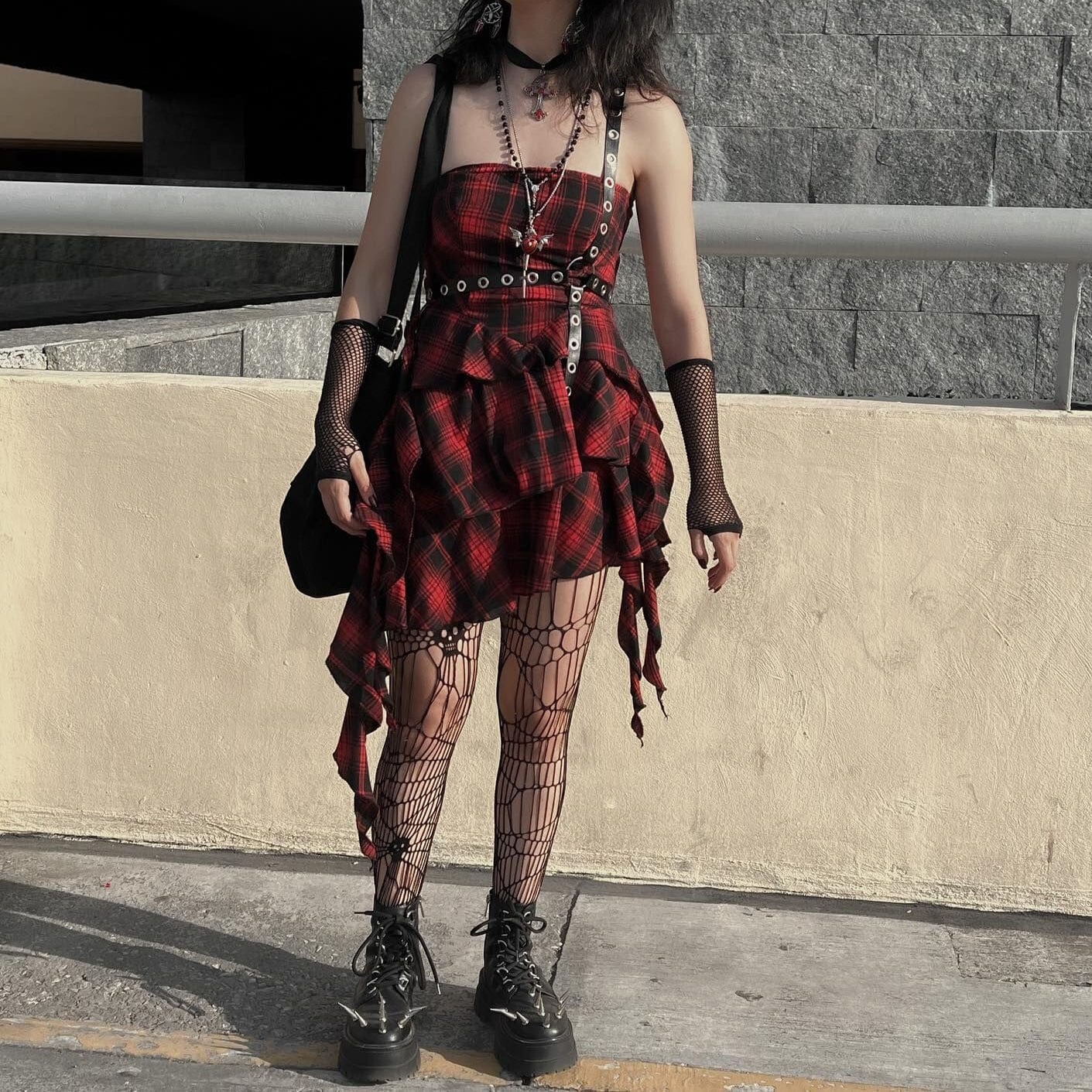 Kobine Women's Grunge Irregular Plaid Layered Dress