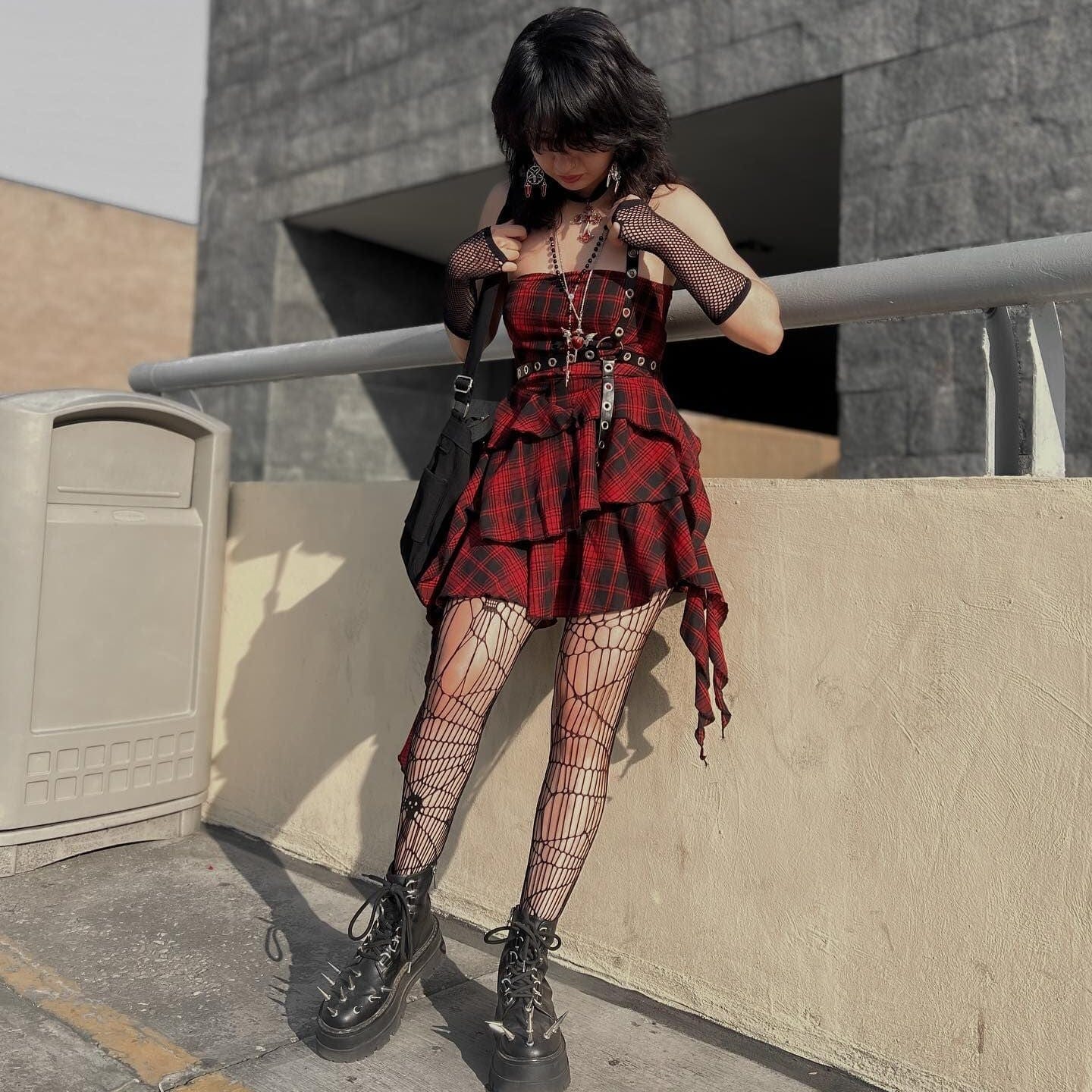 Kobine Women's Grunge Irregular Plaid Layered Dress