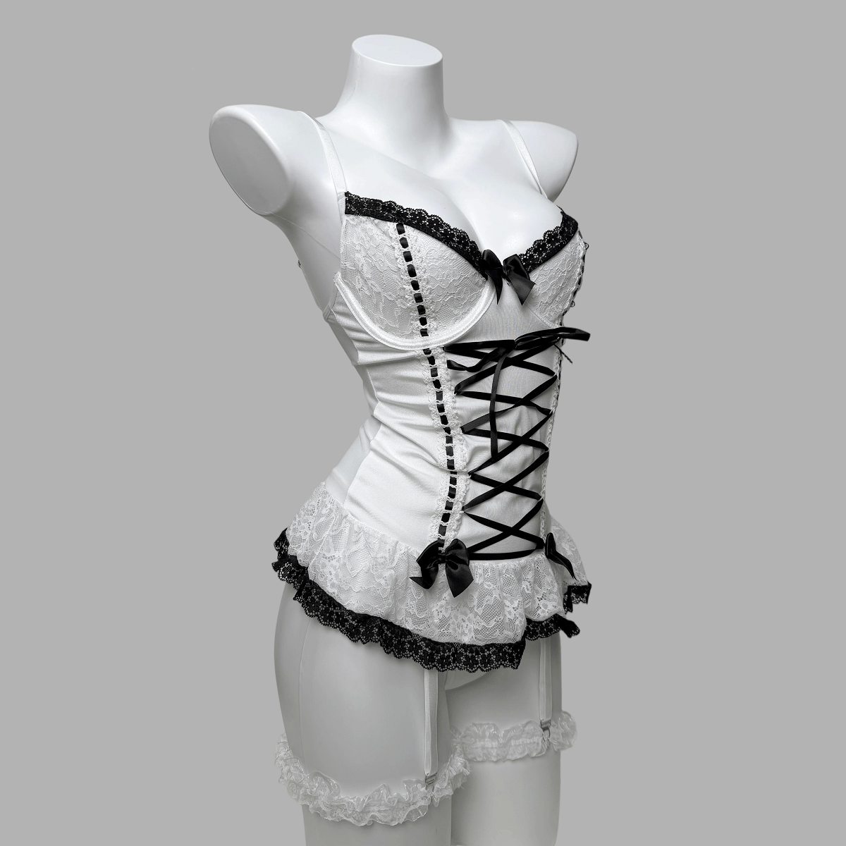 Kobine Women's Grunge Lace Ruffled Lace-up Sexy Lingerie Set with Garter
