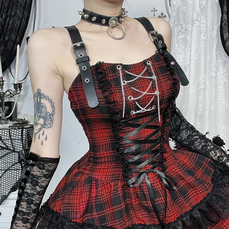 Kobine Women's Grunge Lace-up Lace Splice Plaid Party Slip Dress