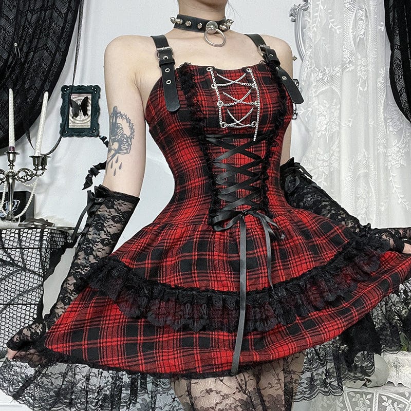 Kobine Women's Grunge Lace-up Lace Splice Plaid Party Slip Dress