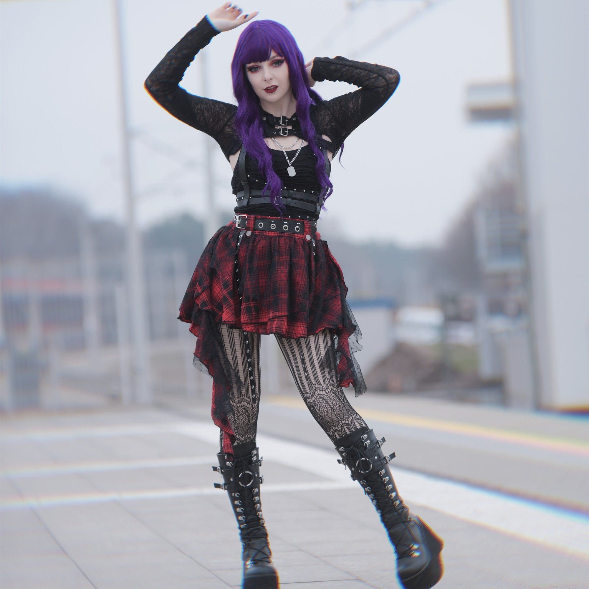 Kobine Women's Grunge Mesh Grid Bubble Short Skirt Red