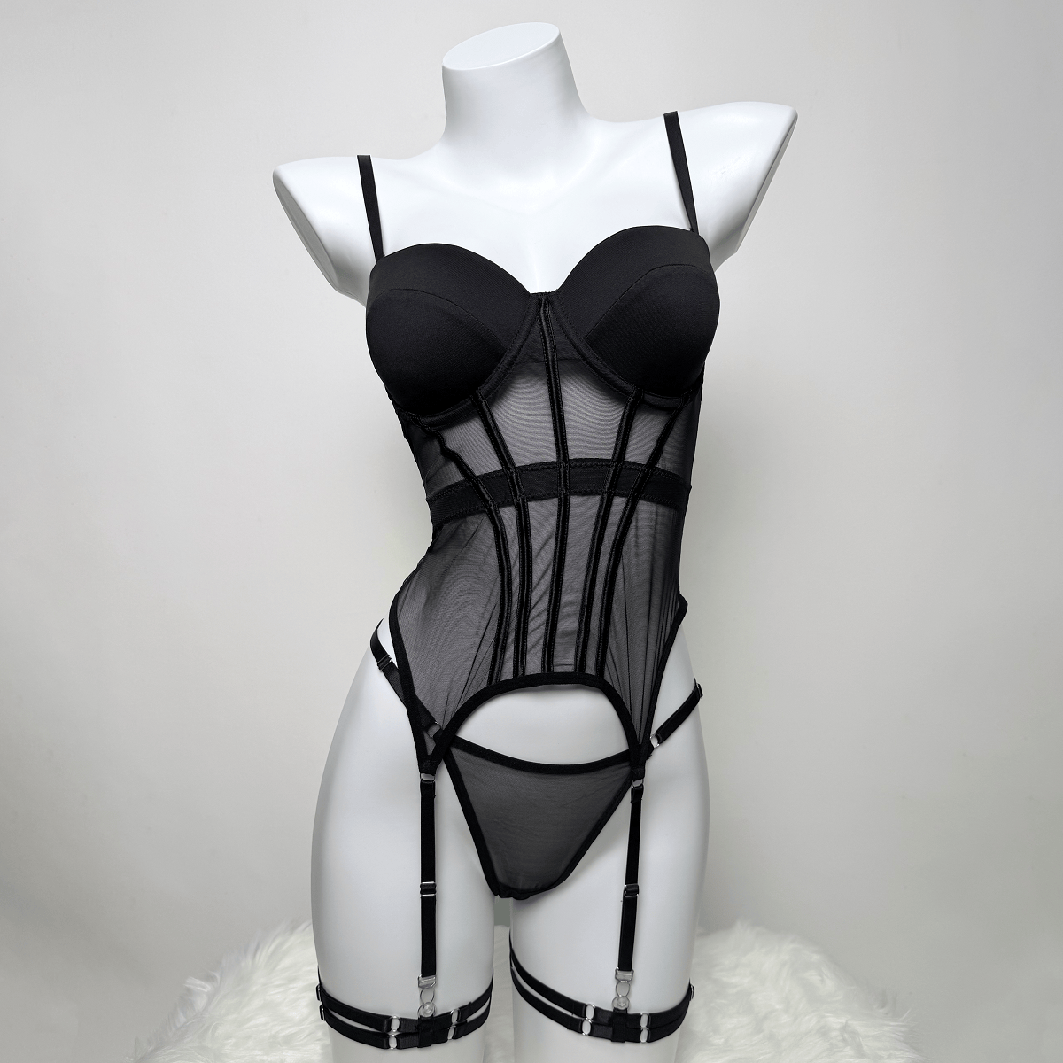 Kobine Women's Grunge Mesh Sheer Sexy Lingerie Set with Garter