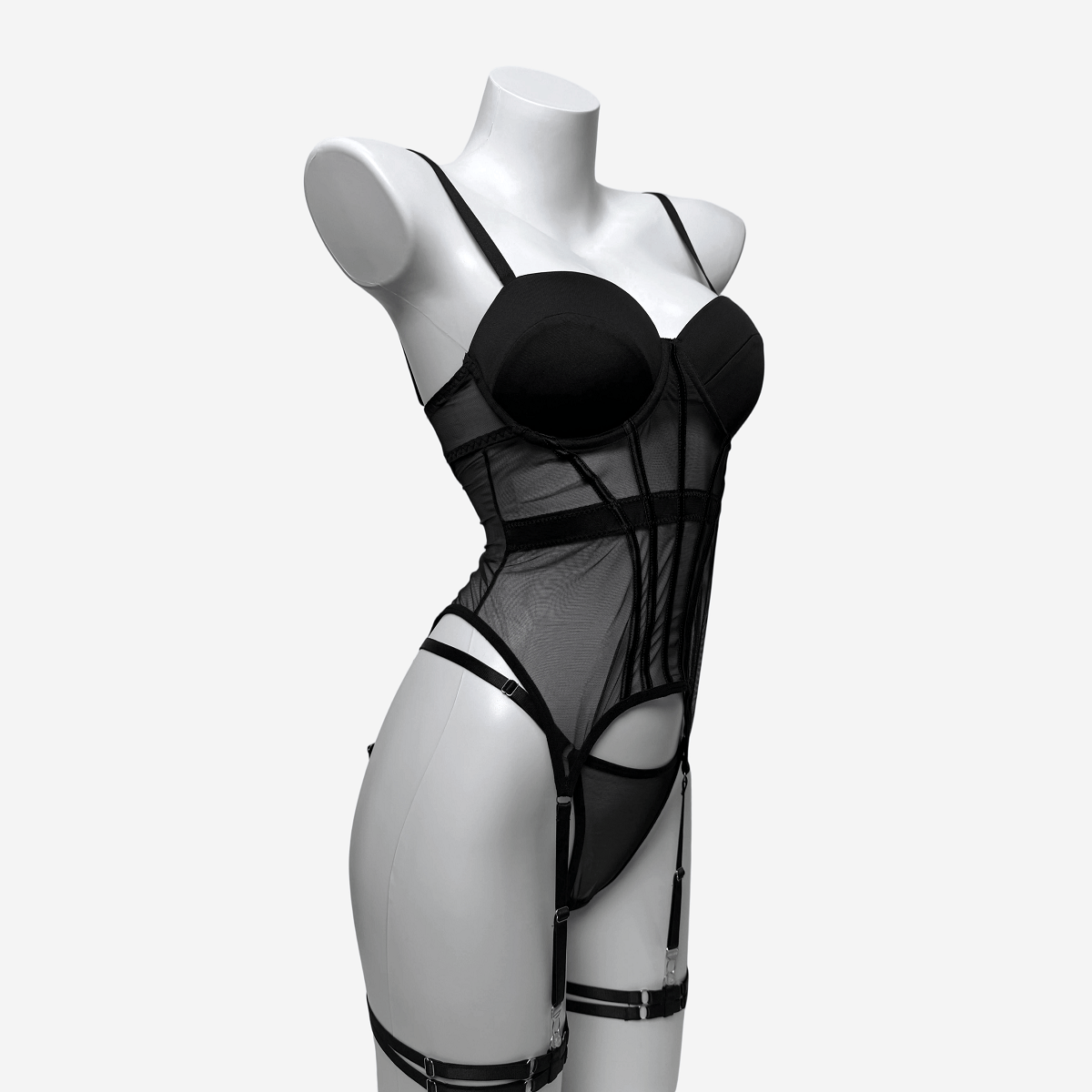 Kobine Women's Grunge Mesh Sheer Sexy Lingerie Set with Garter