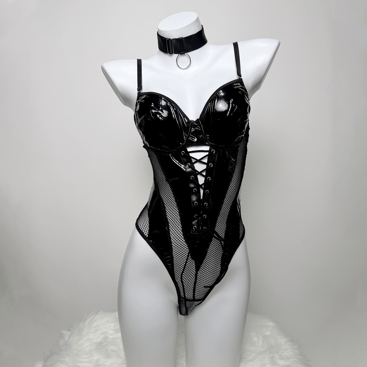 Kobine Women's Grunge Mesh Splice Lace-up Sexy One-piece Lingerie with Choker