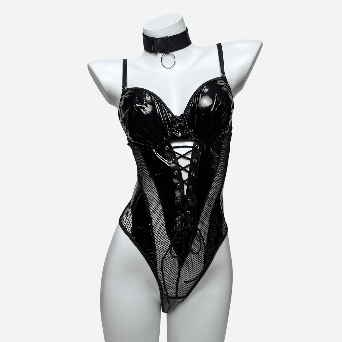 Kobine Women's Grunge Mesh Splice Lace-up Sexy One-piece Lingerie with Choker