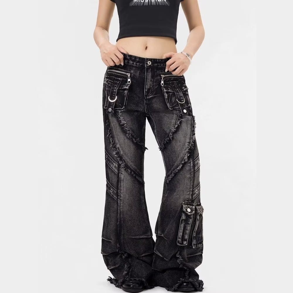 Kobine Women's Grunge Raw Edge Flare Jeans