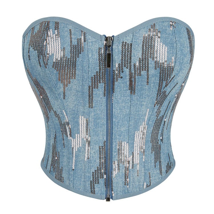 Kobine Women's Grunge Sequin Zipper Denim Overbust Corset
