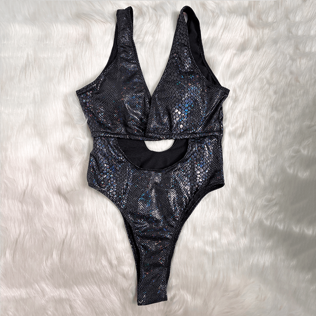 Kobine Women's Grunge Snakeskin Print Plunge V Cutout One-Piece Swimsuit