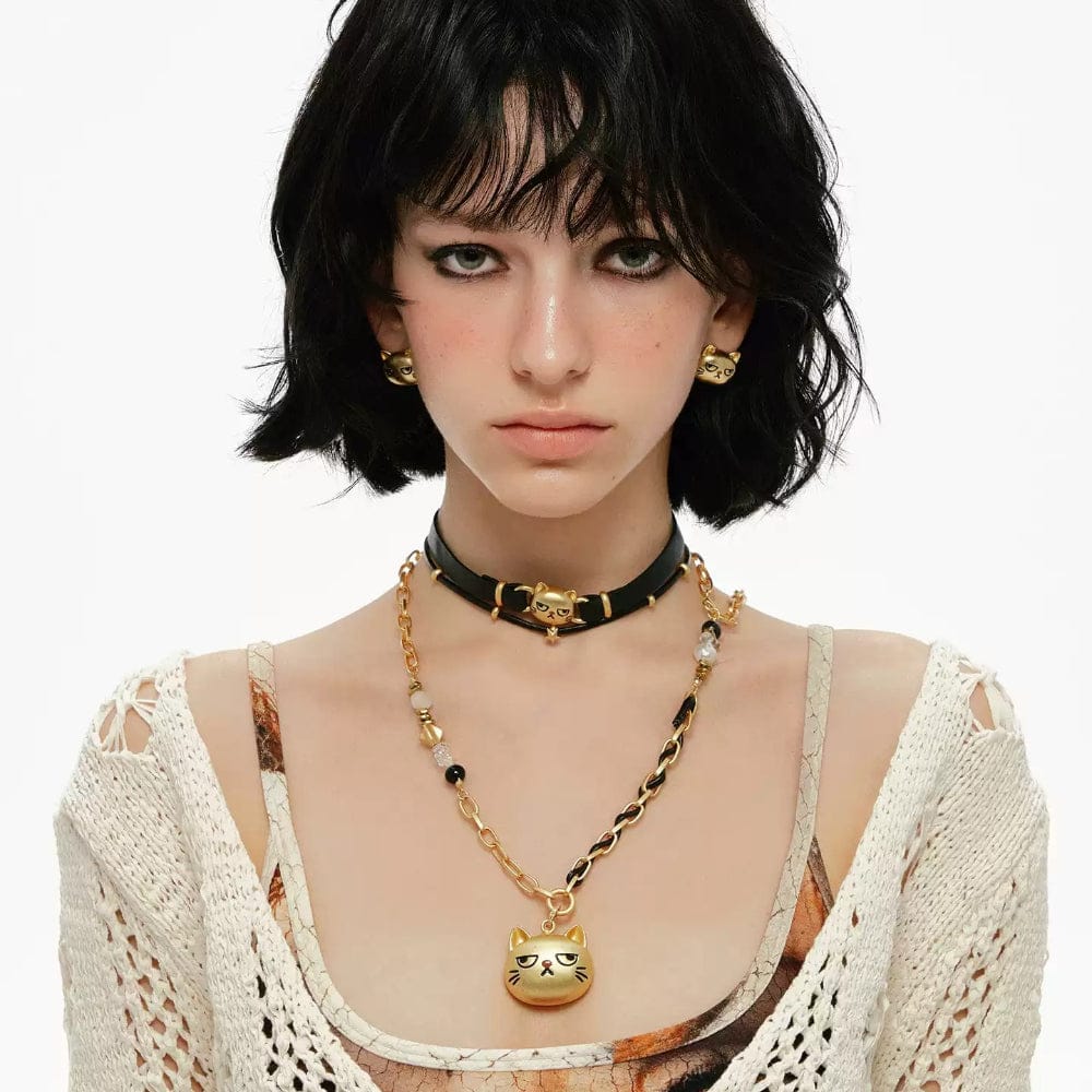 Kobine Women's Grunge Unhappy Cat Long Necklace