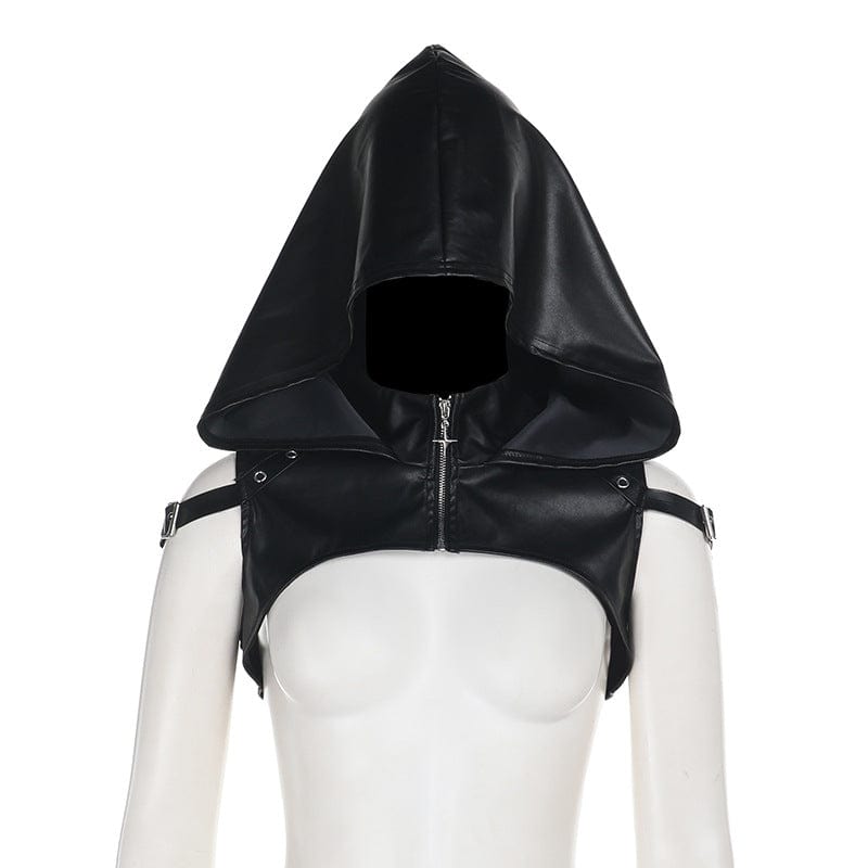 Kobine Women's Punk Buckle Faux Leather Short Cape with Hood