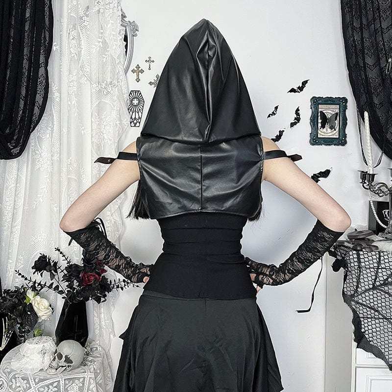 Kobine Women's Punk Buckle Faux Leather Short Cape with Hood