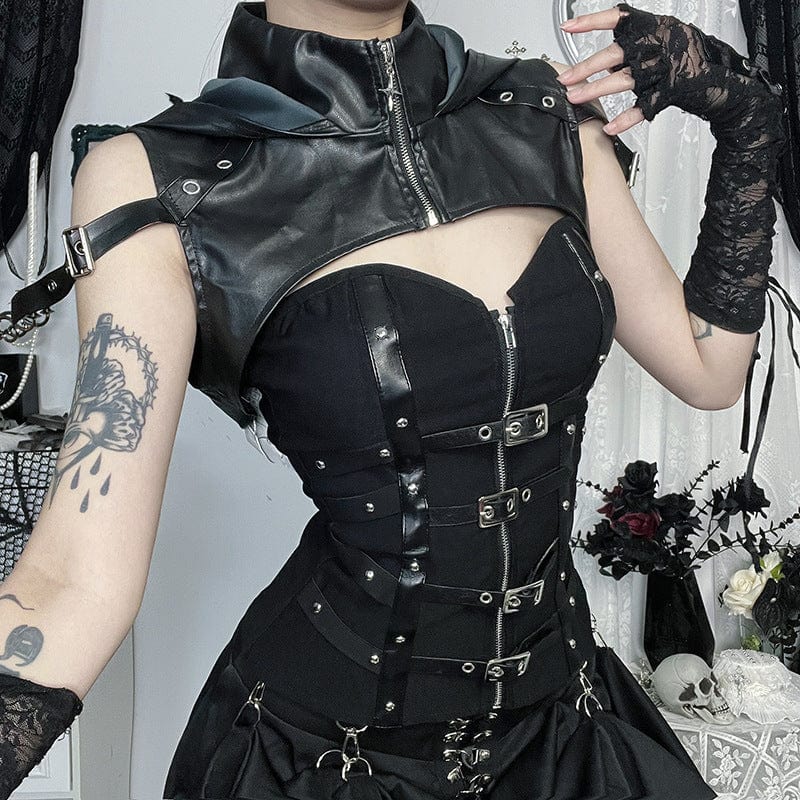 Kobine Women's Punk Buckle Faux Leather Short Cape with Hood