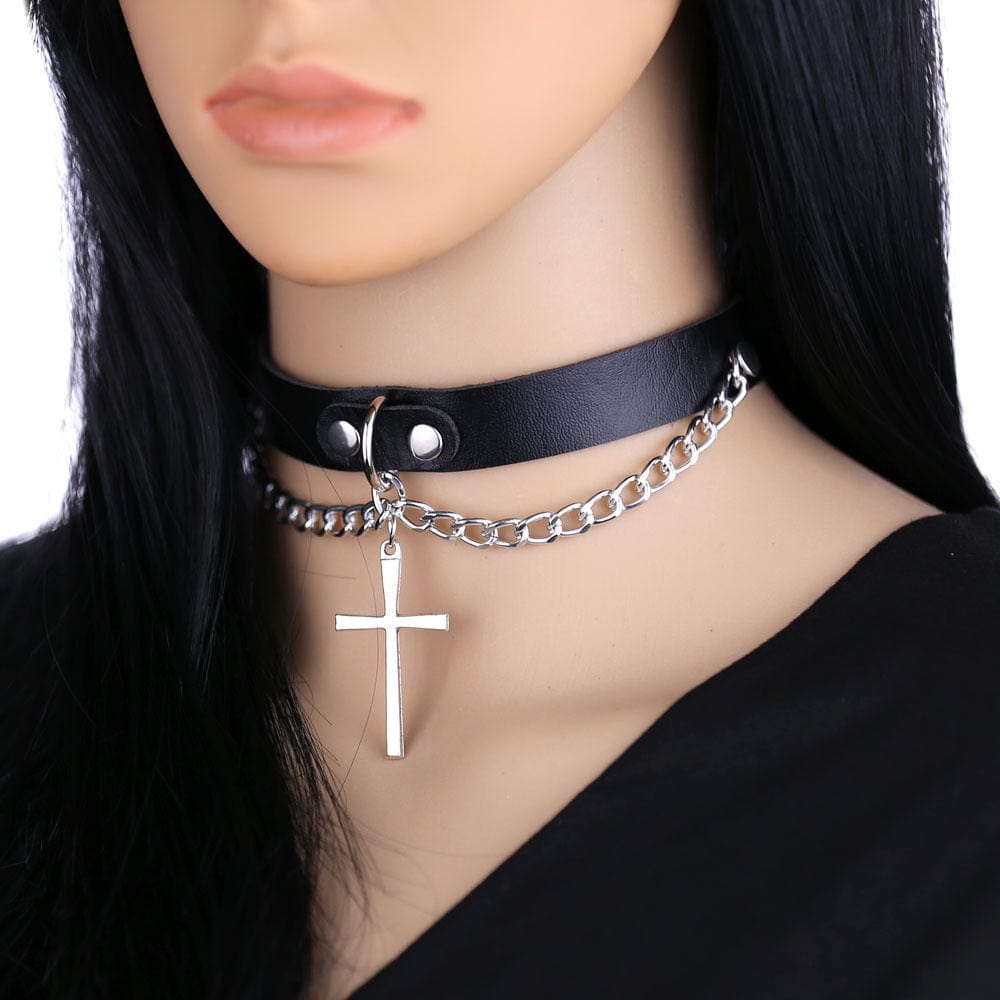 Kobine Women's Punk Cross Buckle Choker with Chain