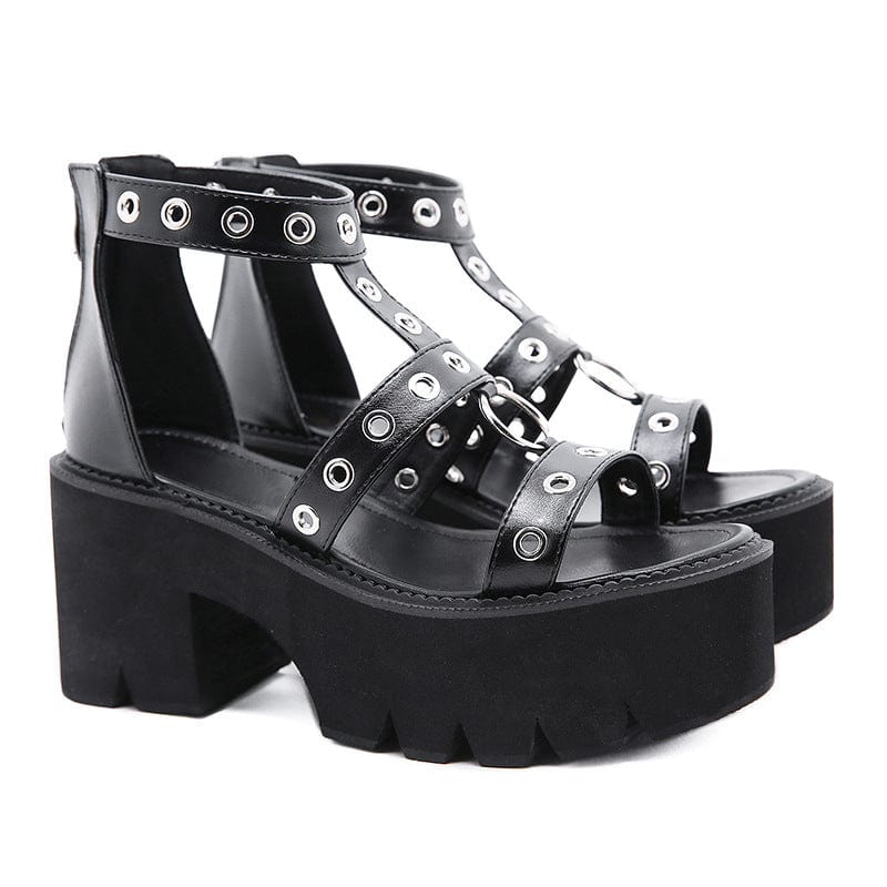 Kobine Women's Punk Eyelets Ring Zipper Sandals