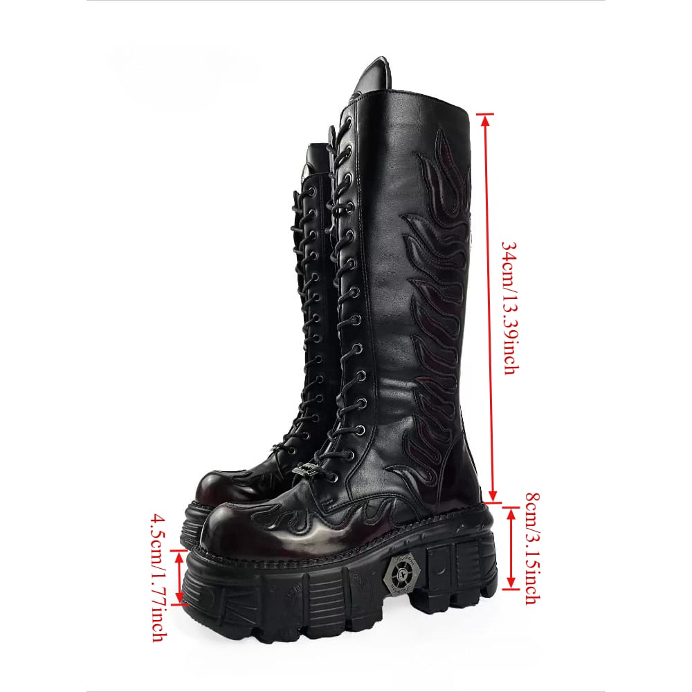 Kobine Women's Punk Flame Applique Lace-up Round‑Toe Platform Chunky Sole Motorcycle Boot