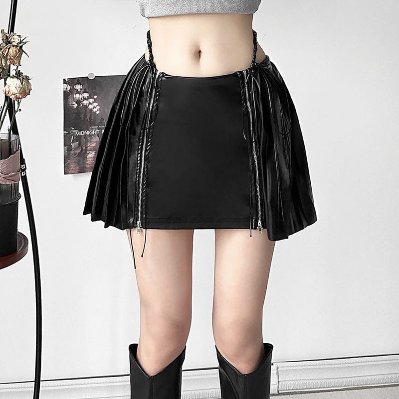 Kobine Women's Punk Front Zip Faux Leather Pleated Skirt