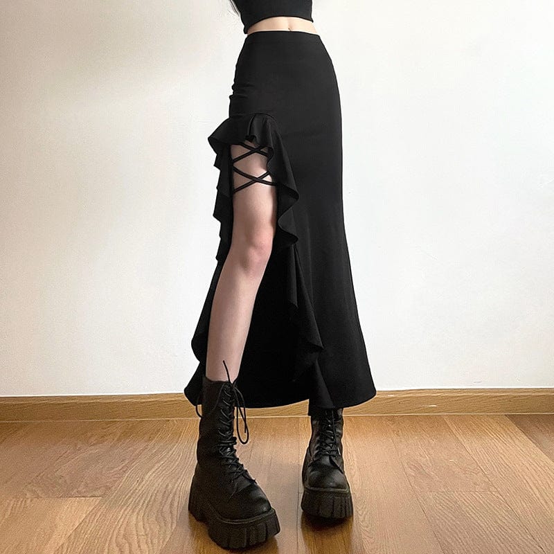 Kobine Women's Punk Irregular Ruffled Split Skirt
