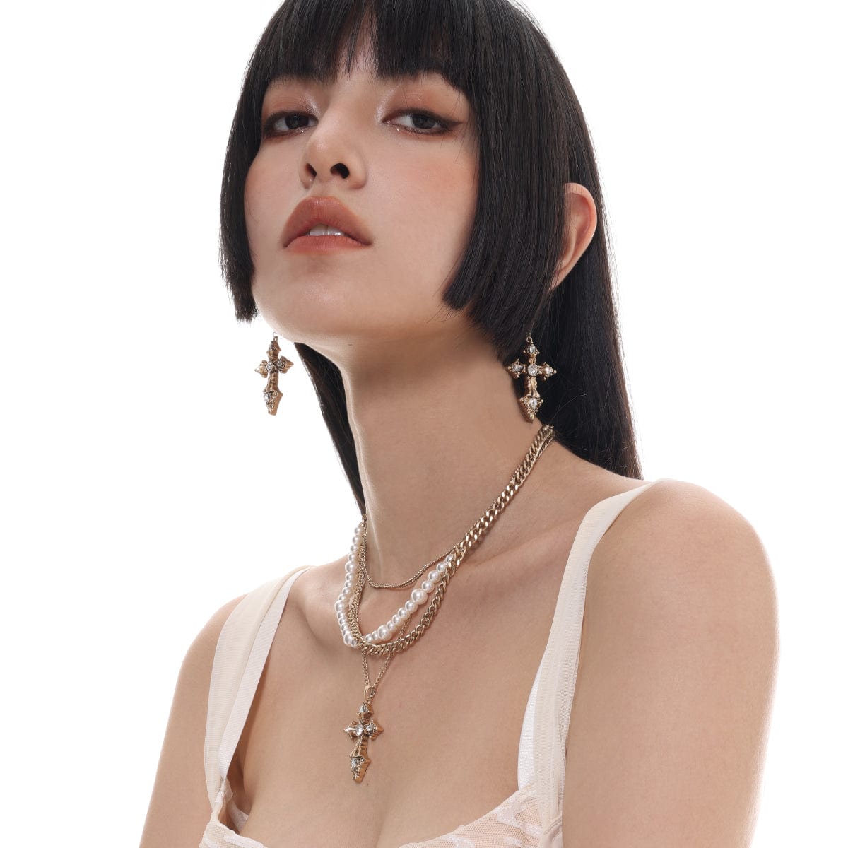 Kobine Women's Punk Pearl Cross Necklace