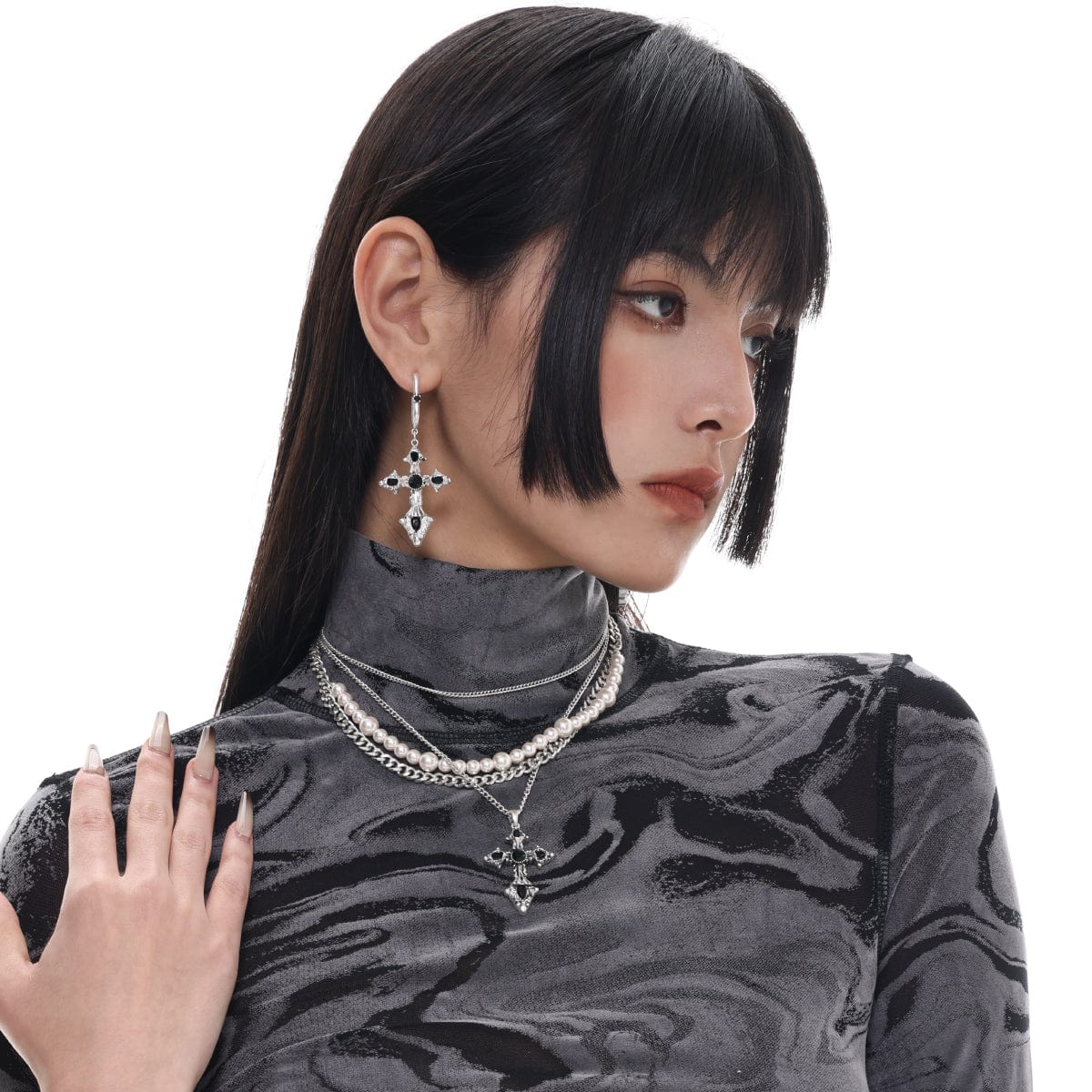 Kobine Women's Punk Pearl Cross Necklace