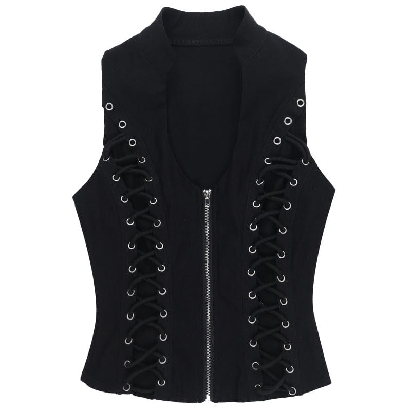 Kobine Women's Punk Plunging Lace-up Zipper Vest