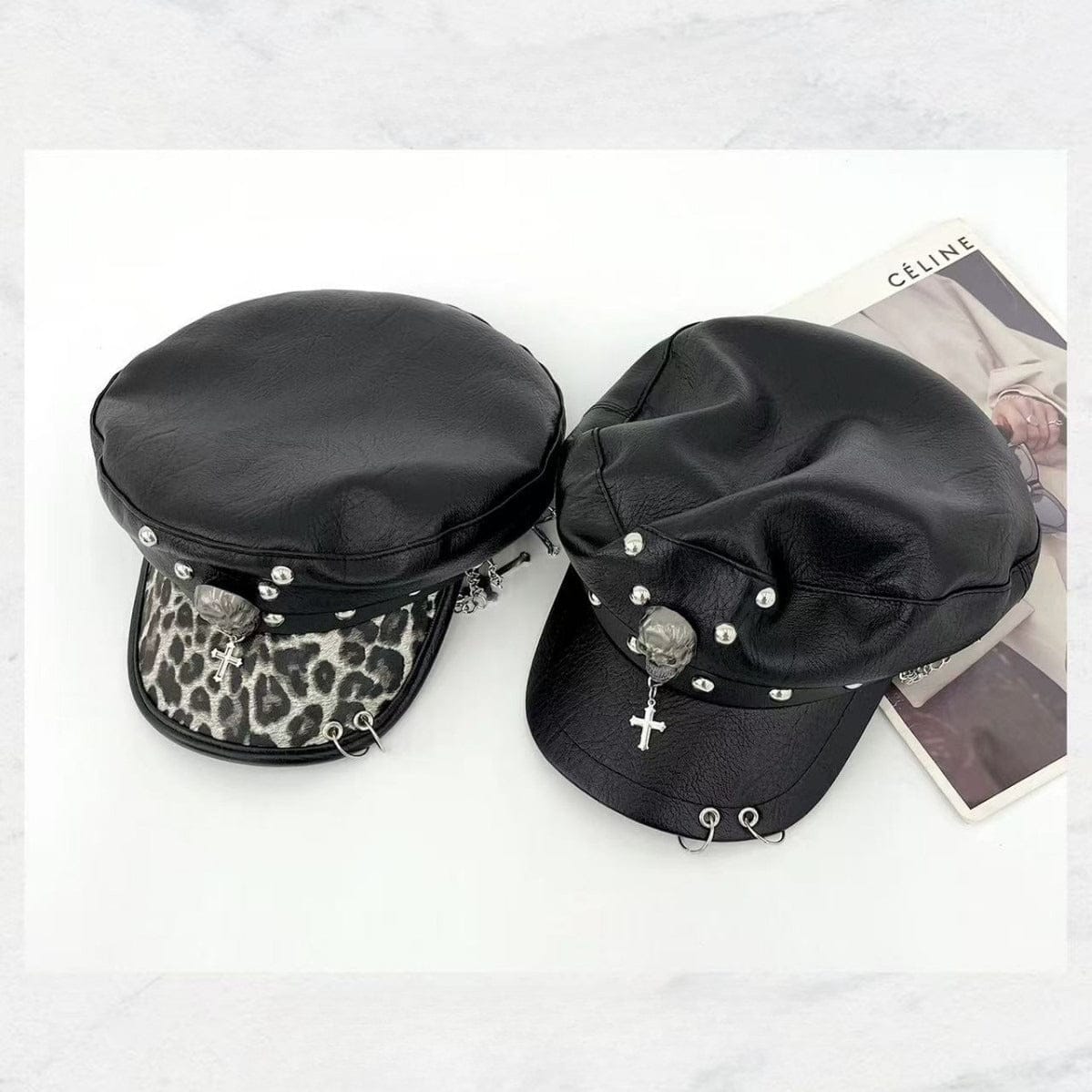 Kobine Women's Punk Skull Rivet Chained Cross Hat