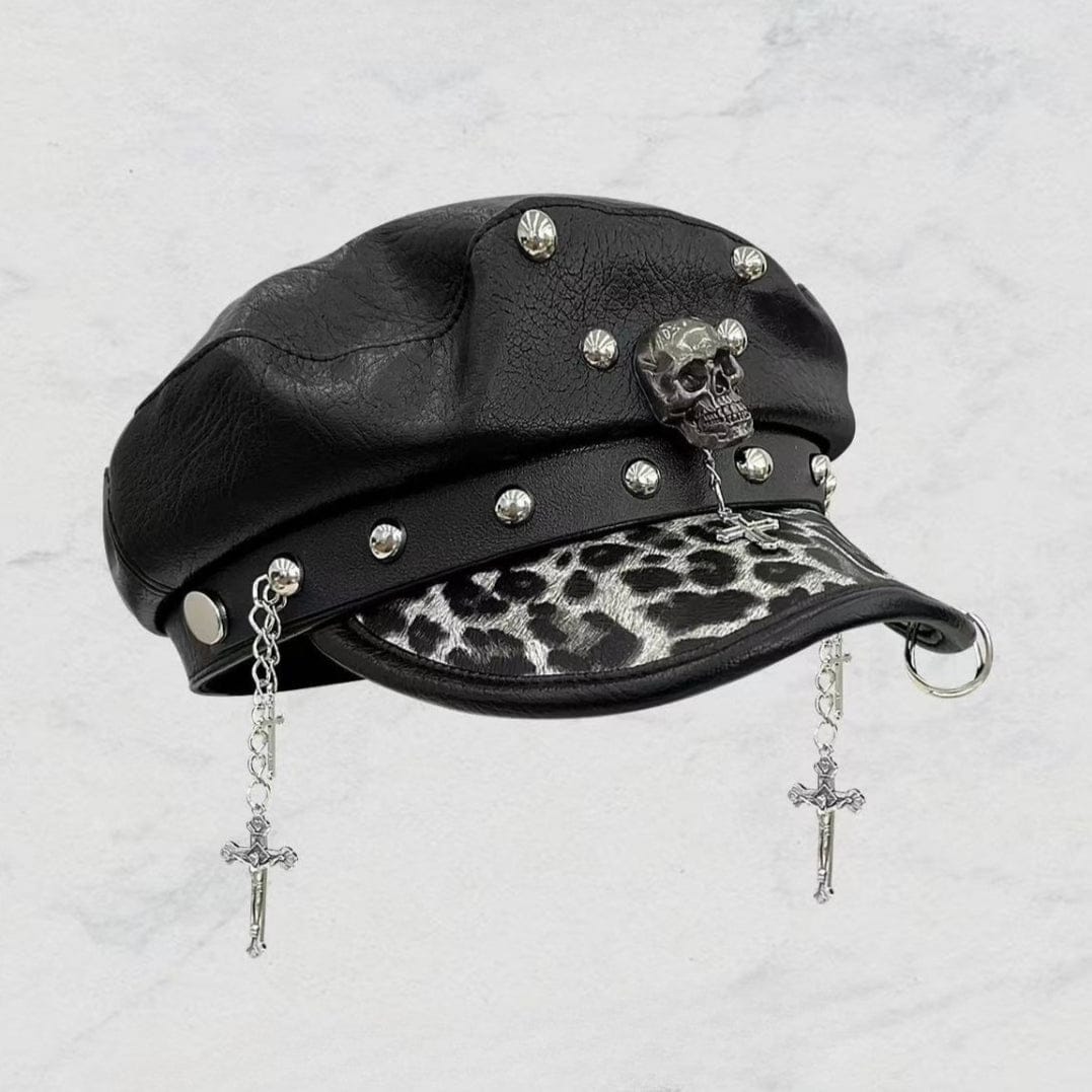 Kobine Women's Punk Skull Rivet Chained Cross Hat